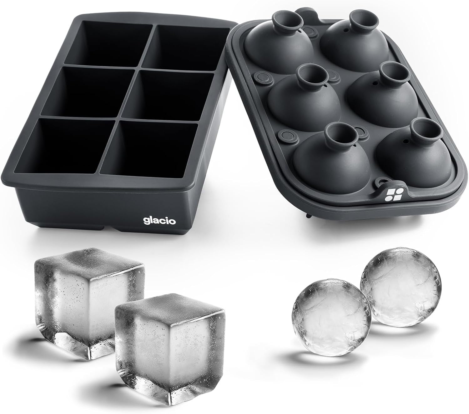 Glacio Ice Cube Molds – Large Silicone Ice & Sphere Mold Combo with Built-In Easy-Fill Funnel 2-Inch round & Square Whiskey Ice Molds for Cocktails & Bourbon