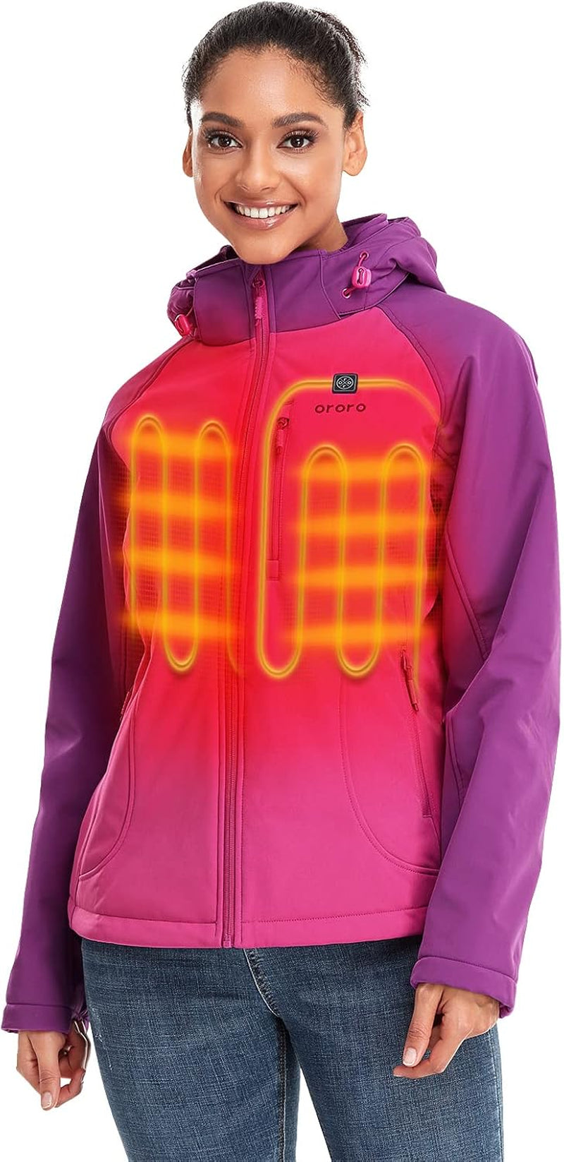 ORORO Women'S Slim Fit Heated Jacket with Rechargable Battery, Heated Coat with Detachable Hood