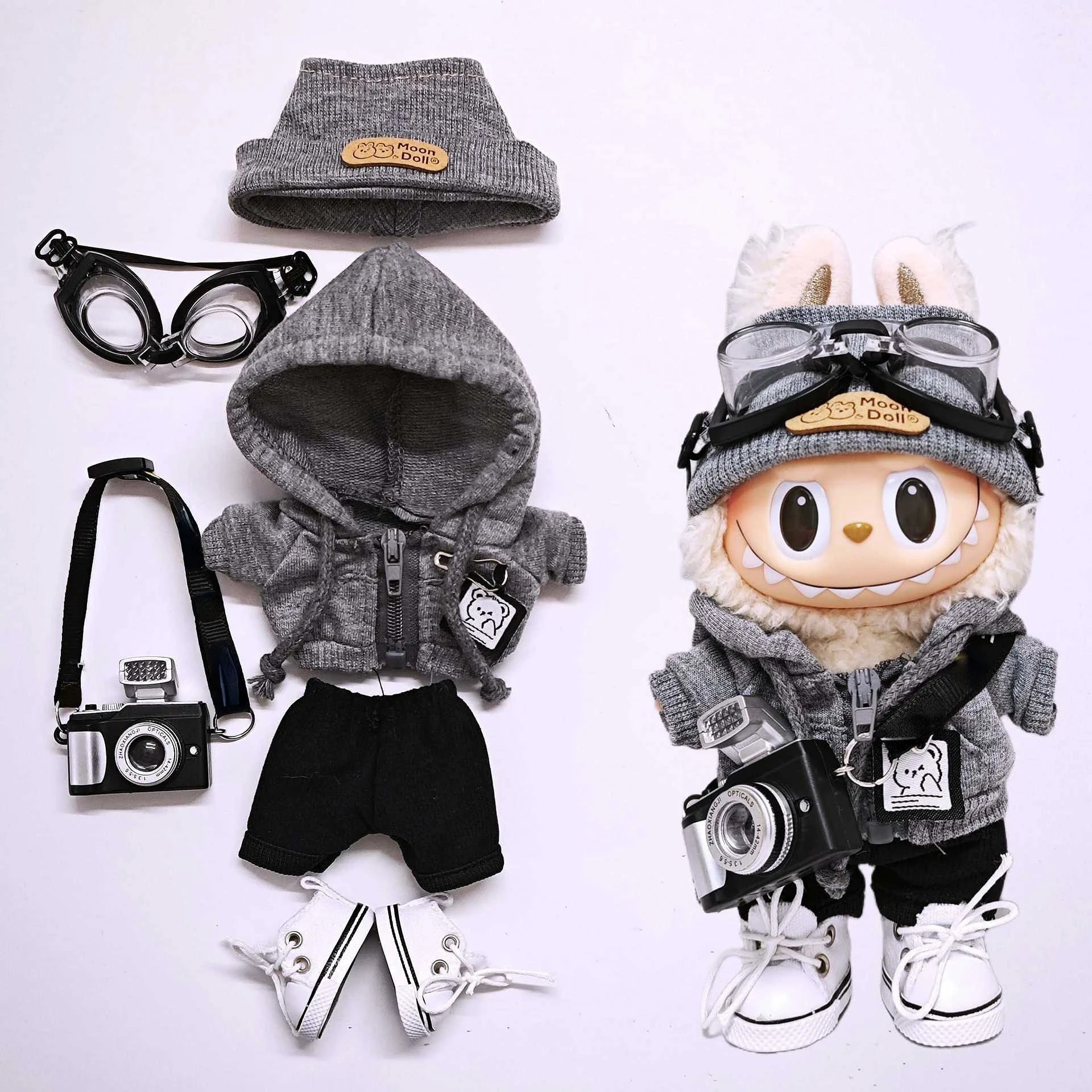 15Cm/17Cm Labubu Universal Hoodie Set Gray Trendy Outfit with Camera Glasses Headphones & Canvas Shoes Series 1-3 Compatible