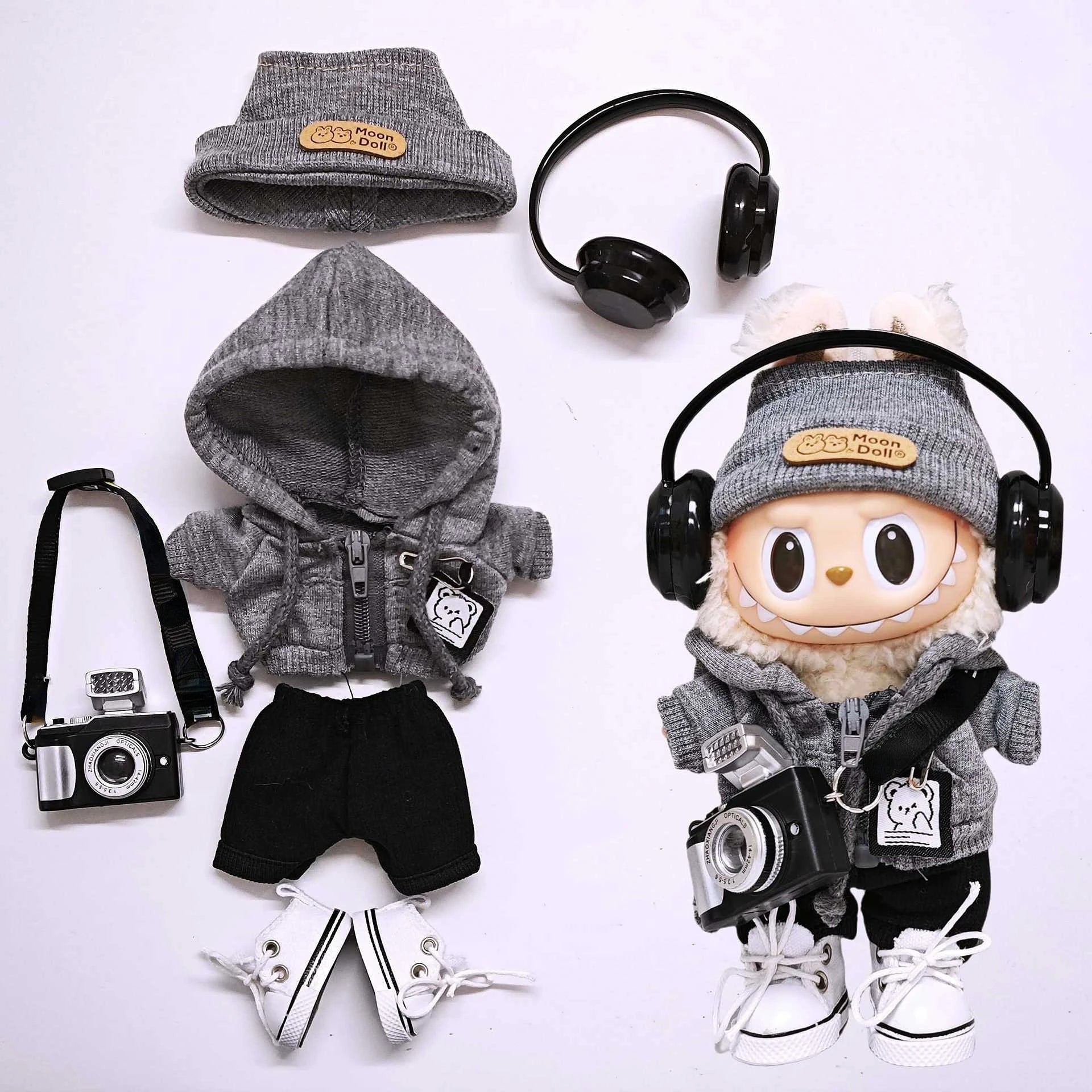 15Cm/17Cm Labubu Universal Hoodie Set Gray Trendy Outfit with Camera Glasses Headphones & Canvas Shoes Series 1-3 Compatible