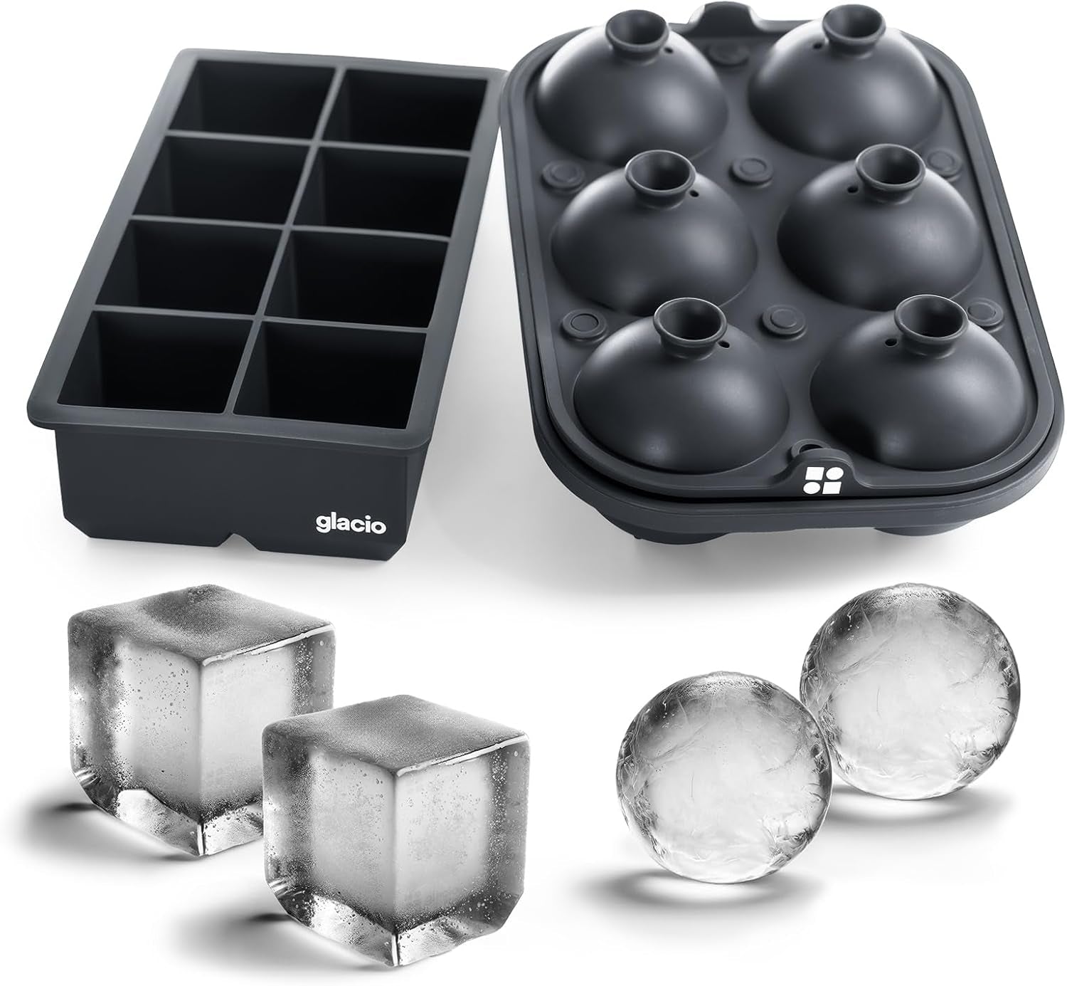 Glacio Ice Cube Molds – Large Silicone Ice & Sphere Mold Combo with Built-In Easy-Fill Funnel 2-Inch round & Square Whiskey Ice Molds for Cocktails & Bourbon