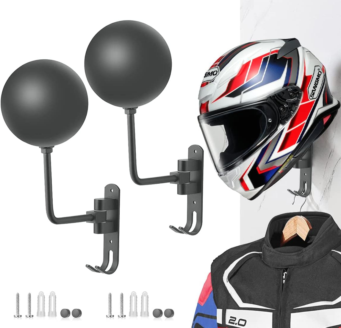 SANGMO 180°Motorcycle Helmet Rack, Rotation Metal Helmet Holder Wall Mounted Helmet Rack Motorcycle with 2 Hooks Helmet Hanger for Motorcycle Bike Coats, Caps, Baseballs, Rugby Helmet (1 Pcs)
