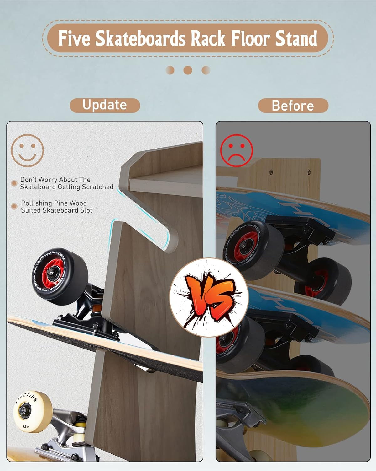 Skateboard Racks Floor Stand, Five-Layer Skateboard Holder,Skateboard Storage Racks for Deck, Longboard, Standard Skateboards, Mini Cruiser Skateboard (Needn'T to Punch Holes to Damage Wall)