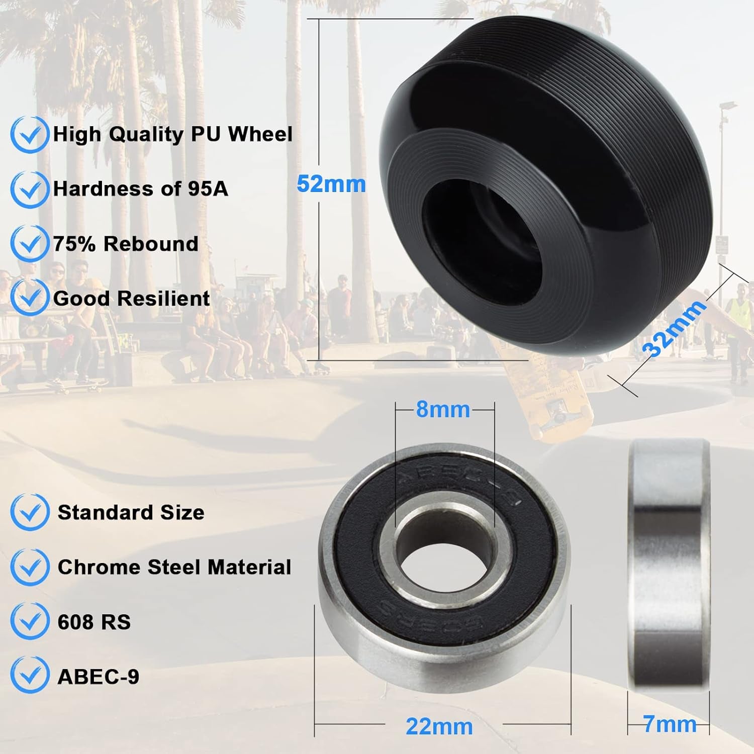 SPORTYOUTH Skateboard Wheels 52Mm and Bearings Spacers Set, 95A Hard Wheels for Street Skateboard Tricks Cruiser, Pack of 4