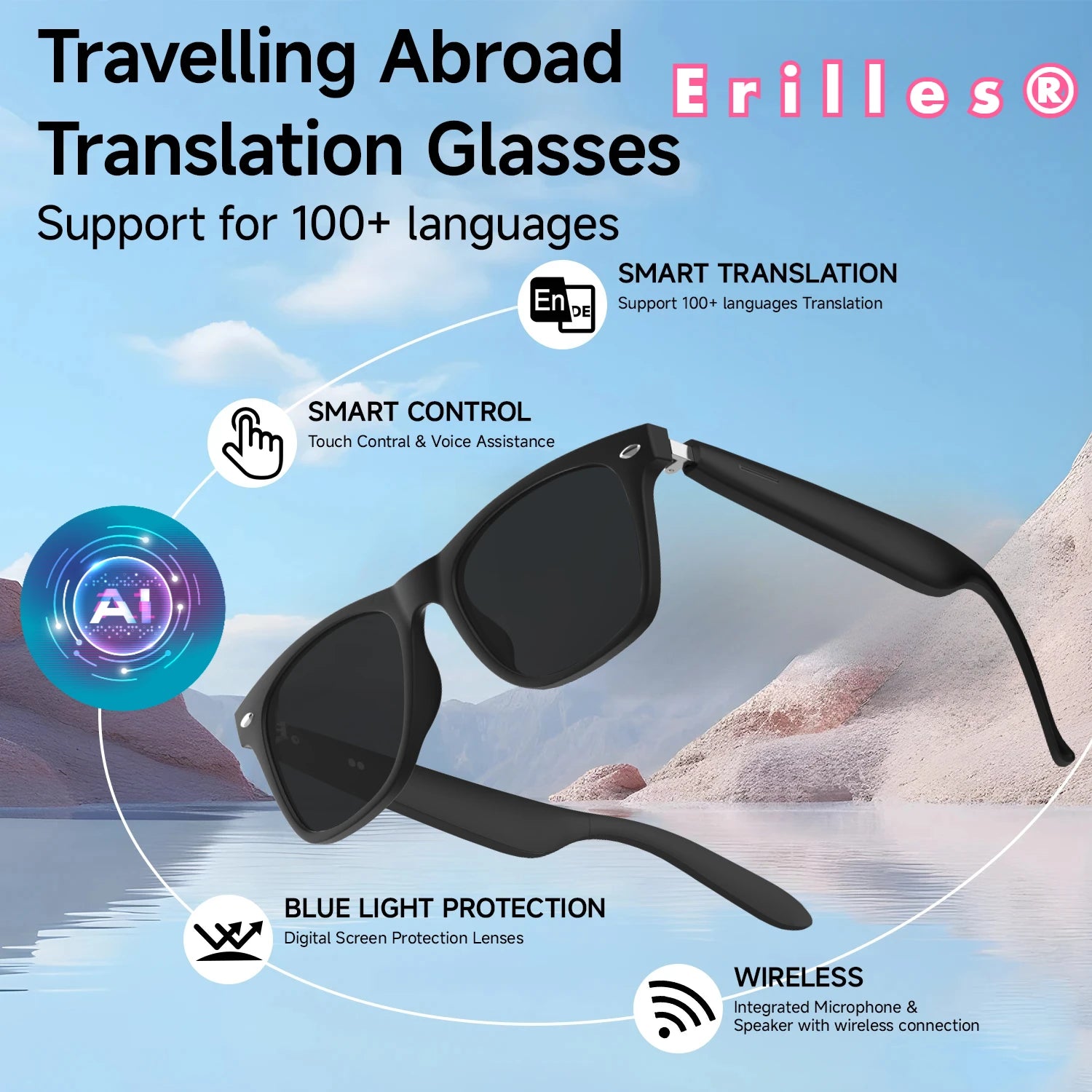 2025 New AI Translation Smart Glasses Bluetooth Call Headphones UV Protective Lenses Connected Bezel Outdoor Sports Sunglasses