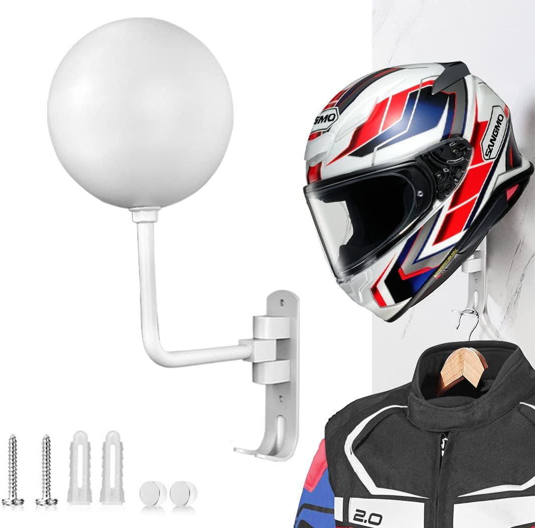 SANGMO 180°Motorcycle Helmet Rack, Rotation Metal Helmet Holder Wall Mounted Helmet Rack Motorcycle with 2 Hooks Helmet Hanger for Motorcycle Bike Coats, Caps, Baseballs, Rugby Helmet (1 Pcs)