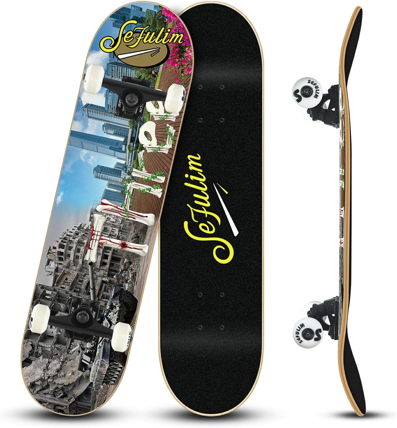 Sefulim 31 X 8 Inch Complete Skateboard 7 Layer Canadian Maple Double Kick Deck Concave Cruiser Trick Skateboard for Boys Girls Teens Adults Beginner ﻿
