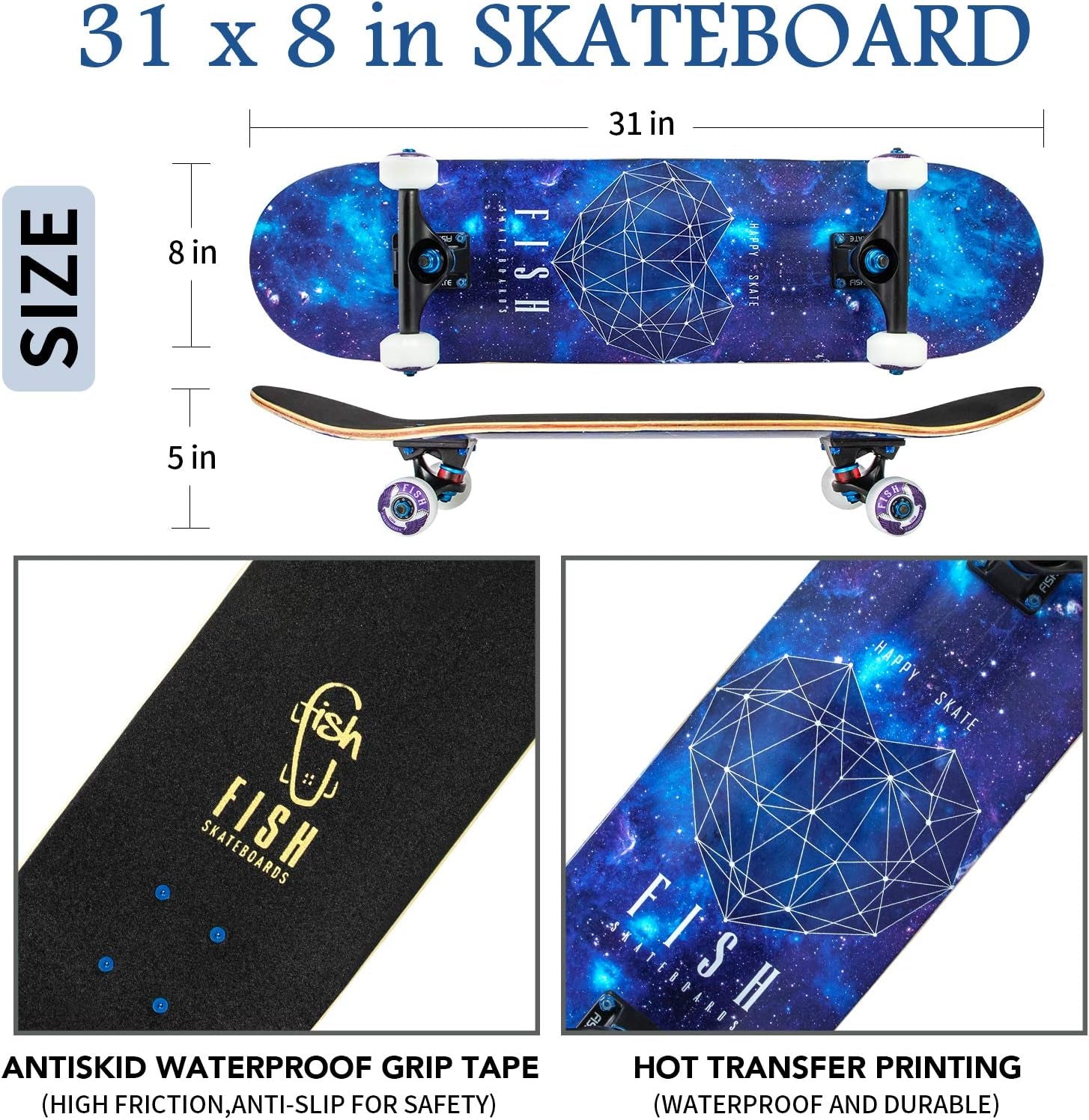 Standard Skateboard, Complete Skateboard 31''X 8'', 7 Layer Canadian Maple Double Kick Deck Concave Cruiser Trick Skateboards for Kids Boys Girls Youths Beginners.