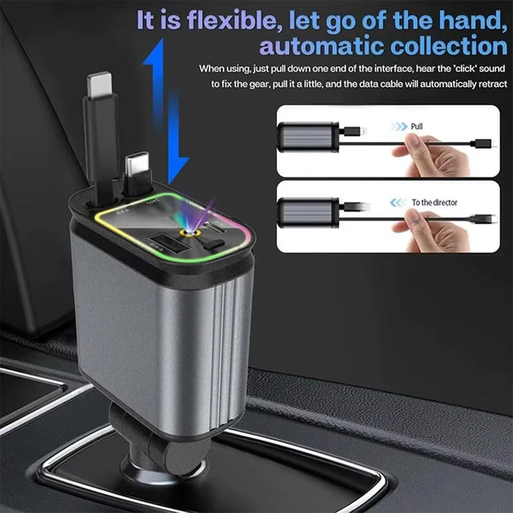 4-in-1 120W Retractable Car Charger with Starry Night Roof Light and Type C Fast Charging Adapter