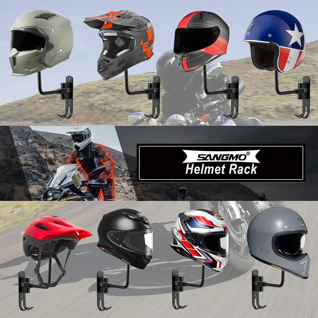 SANGMO 180°Motorcycle Helmet Rack, Rotation Metal Helmet Holder Wall Mounted Helmet Rack Motorcycle with 2 Hooks Helmet Hanger for Motorcycle Bike Coats, Caps, Baseballs, Rugby Helmet (1 Pcs)