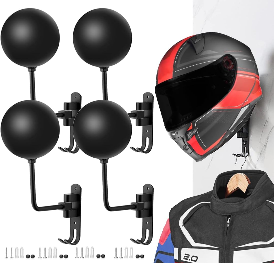 SANGMO 180°Motorcycle Helmet Rack, Rotation Metal Helmet Holder Wall Mounted Helmet Rack Motorcycle with 2 Hooks Helmet Hanger for Motorcycle Bike Coats, Caps, Baseballs, Rugby Helmet (1 Pcs)