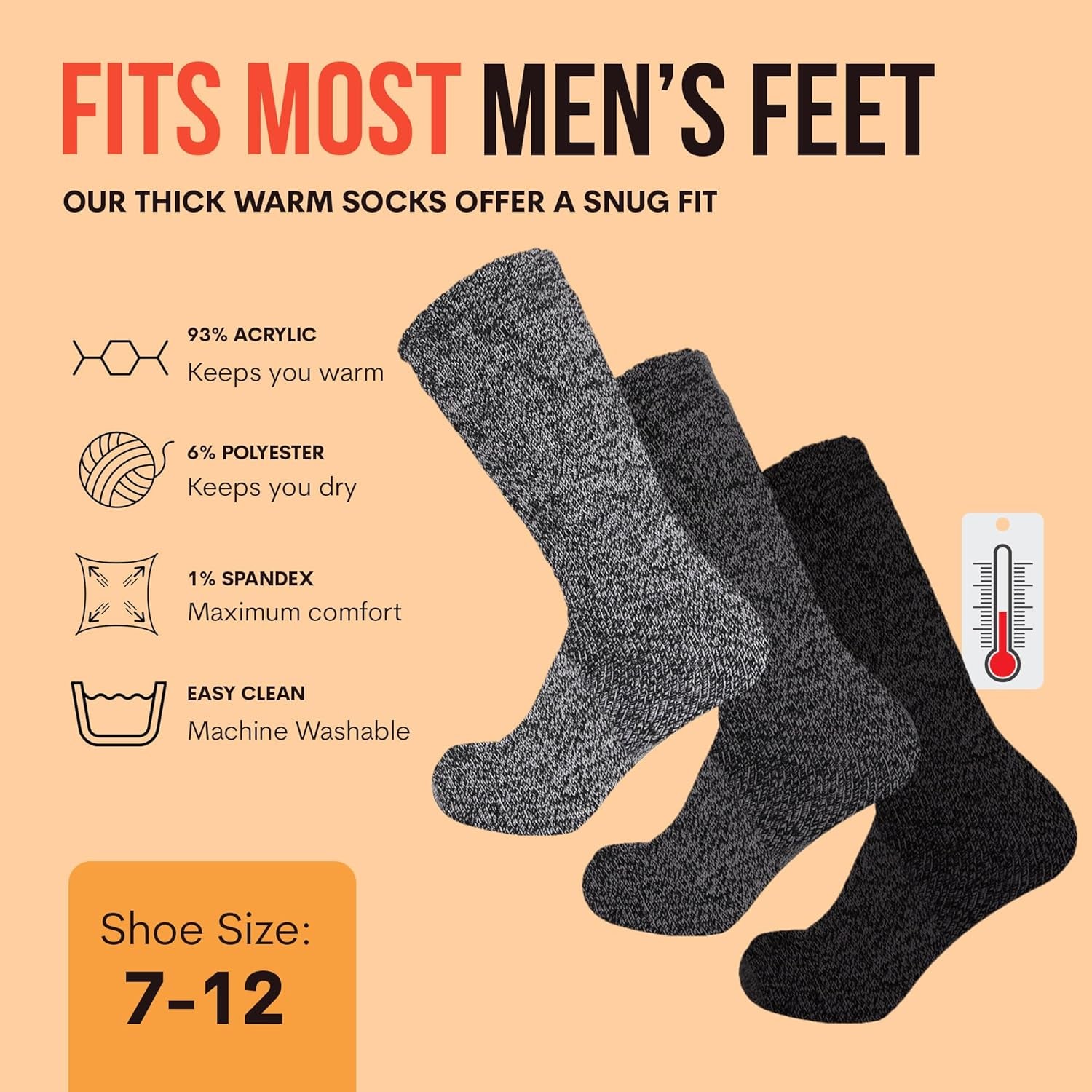 UNIQUE STYLES ASFOOR 3 Pack Thermal Heated Hiking Socks for Men, Thick Warm Winter Socks for Outdoors