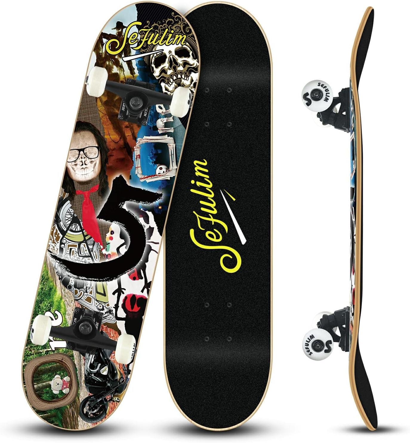 Sefulim 31 X 8 Inch Complete Skateboard 7 Layer Canadian Maple Double Kick Deck Concave Cruiser Trick Skateboard for Boys Girls Teens Adults Beginner ﻿