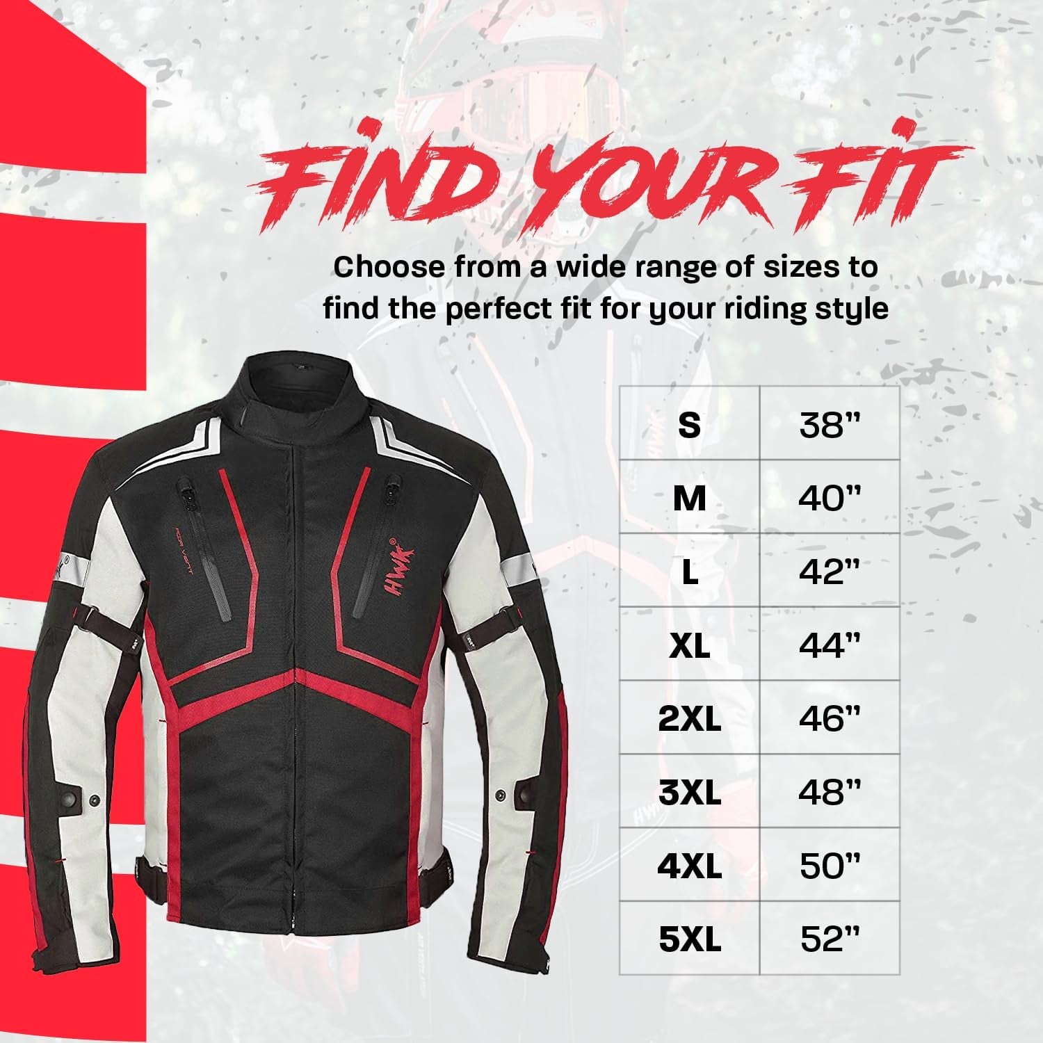 HWK Scorpion Motorcycle Jacket for Men & Women, Motor Bike Jacket and Motorcycle Gear with Body Armor Foam Padding & Breathable Cordura Fabric, Reflective Jacket for Night Visibility - Red, Medium