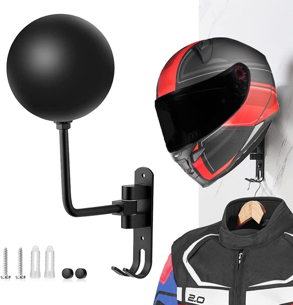 SANGMO 180°Motorcycle Helmet Rack, Rotation Metal Helmet Holder Wall Mounted Helmet Rack Motorcycle with 2 Hooks Helmet Hanger for Motorcycle Bike Coats, Caps, Baseballs, Rugby Helmet (1 Pcs)