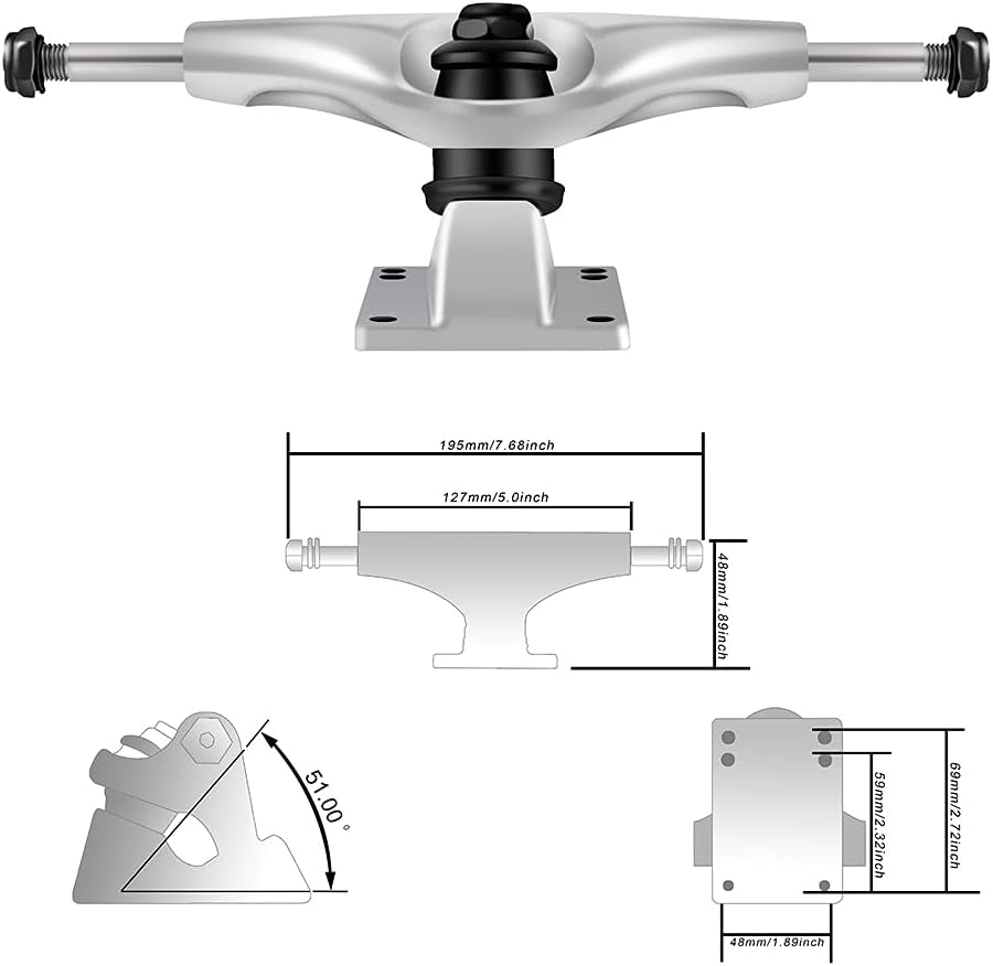 5.0 Skateboard Trucks Set, 52Mm Skateboard Wheels, ABEC-11 Skateboard Bearings, 6Mm Rubber Skateboard Riser Pads, Skateboard Hardware 1" (White Truck & White Wheel)