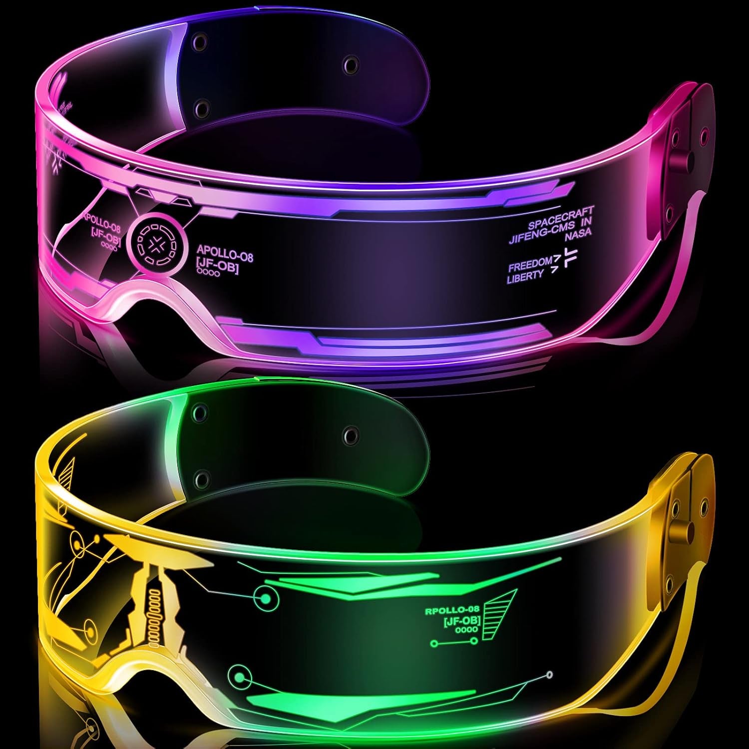 TOODOO 2 Pairs LED Visor Glasses 7 Colors Futuristic Glasses Light up Punk Accessories for Rave Party Costume