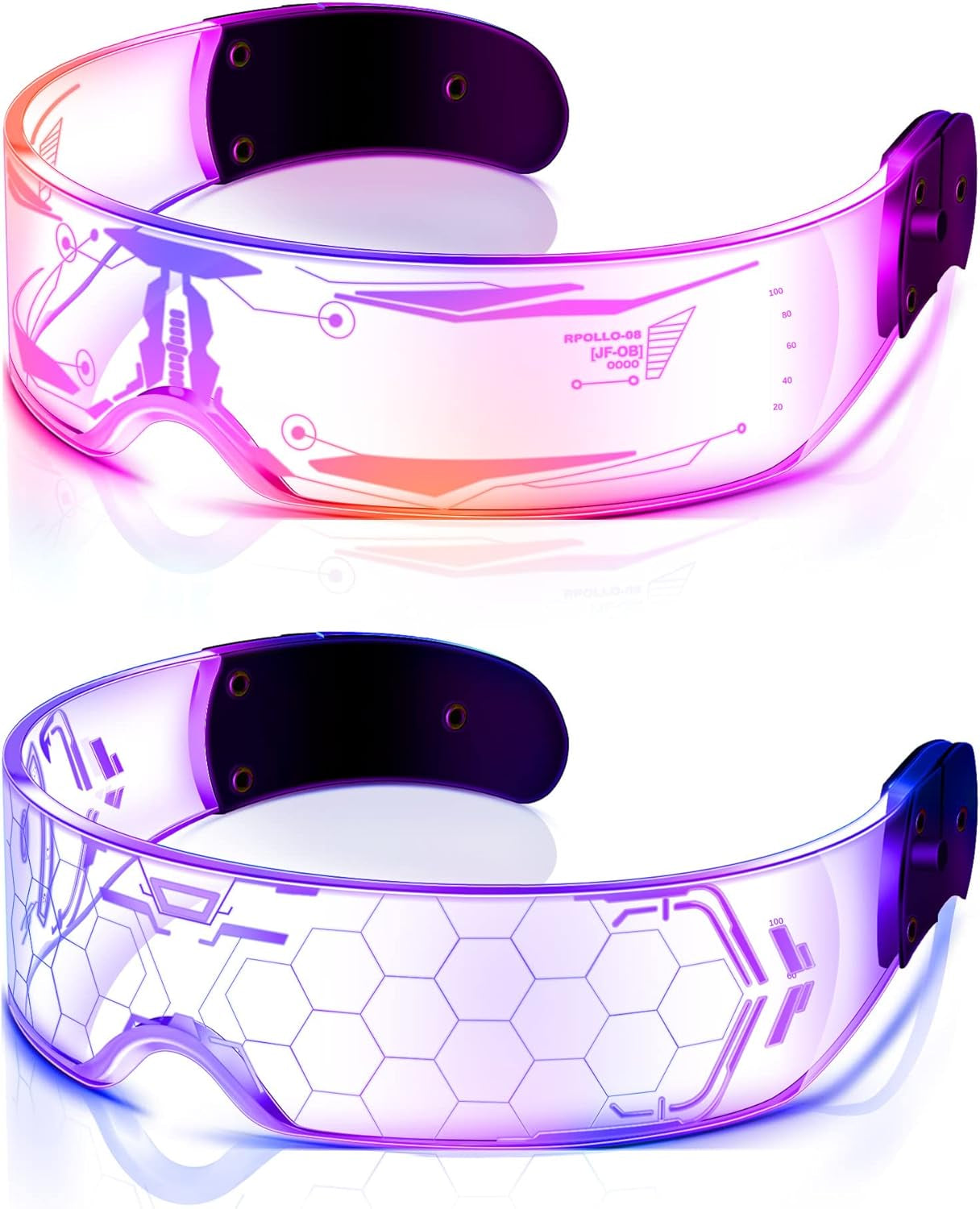 TOODOO 2 Pairs LED Visor Glasses 7 Colors Futuristic Glasses Light up Punk Accessories for Rave Party Costume