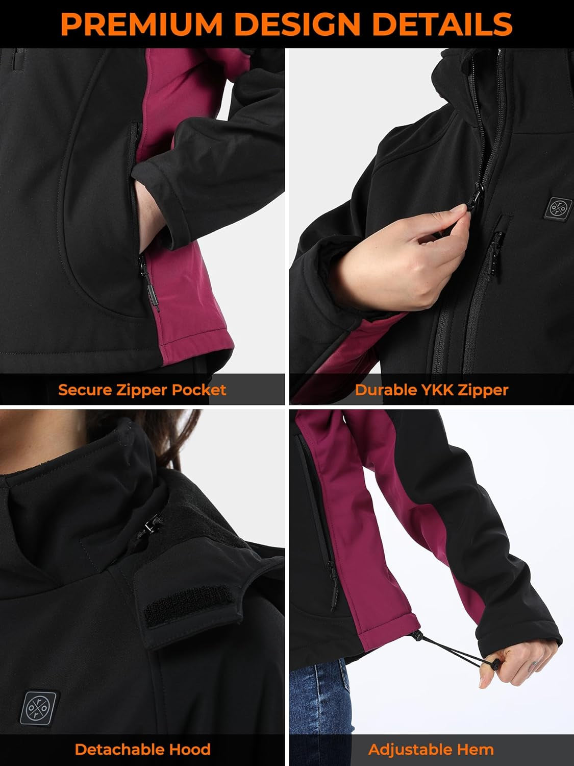 ORORO Women'S Slim Fit Heated Jacket with Rechargable Battery, Heated Coat with Detachable Hood
