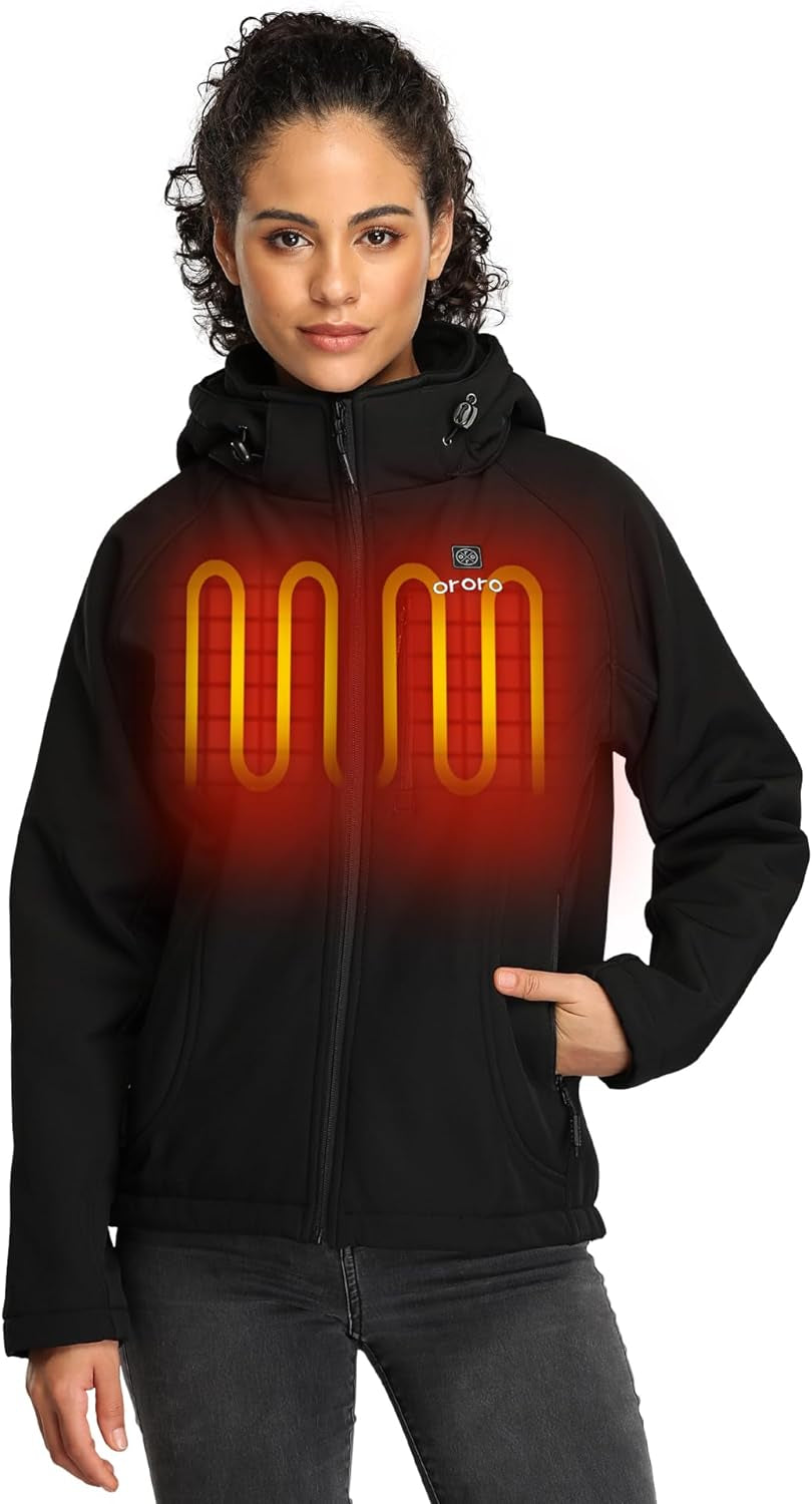 ORORO Women'S Slim Fit Heated Jacket with Rechargable Battery, Heated Coat with Detachable Hood