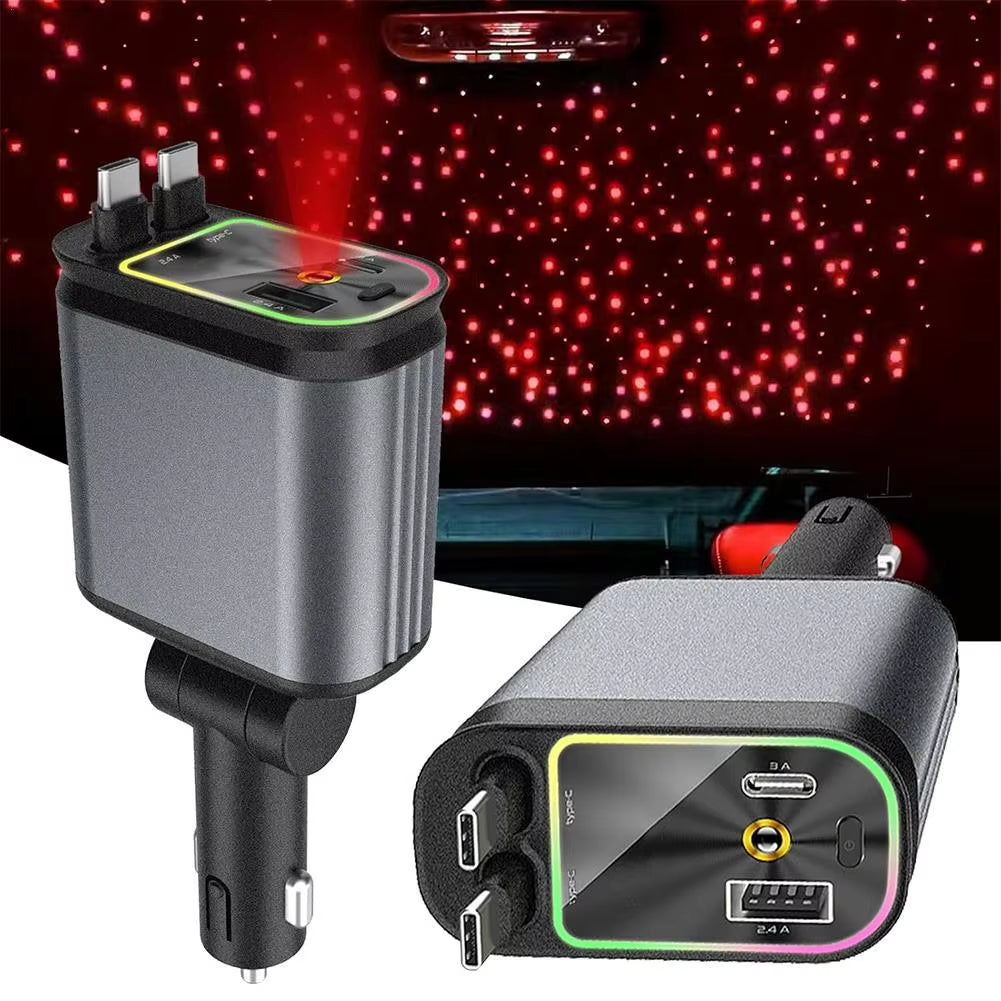 4-in-1 120W Retractable Car Charger with Starry Night Roof Light and Type C Fast Charging Adapter