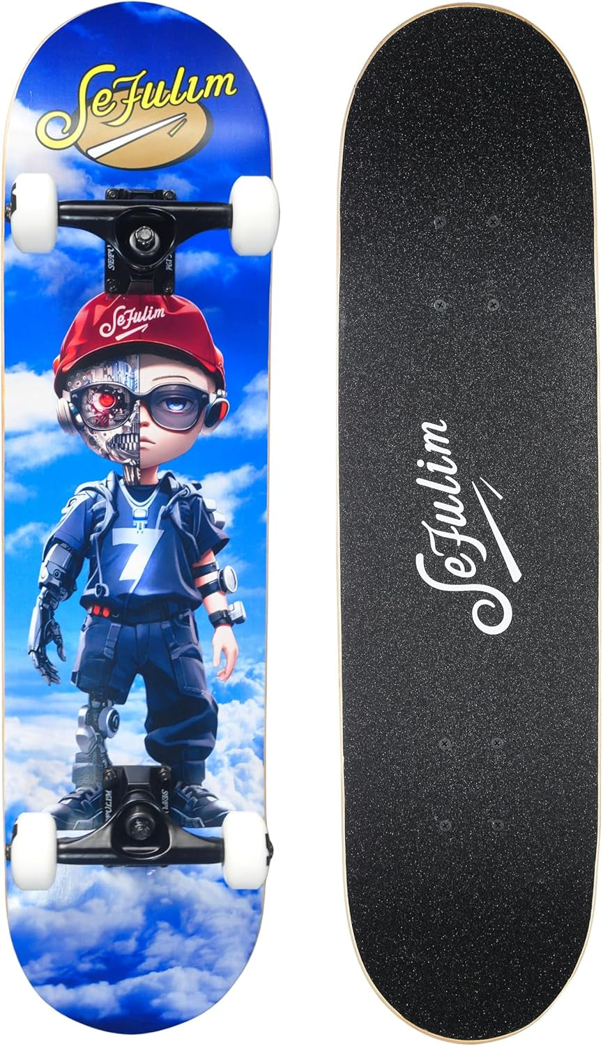 Sefulim 31 X 8 Inch Complete Skateboard 7 Layer Canadian Maple Double Kick Deck Concave Cruiser Trick Skateboard for Boys Girls Teens Adults Beginner ﻿