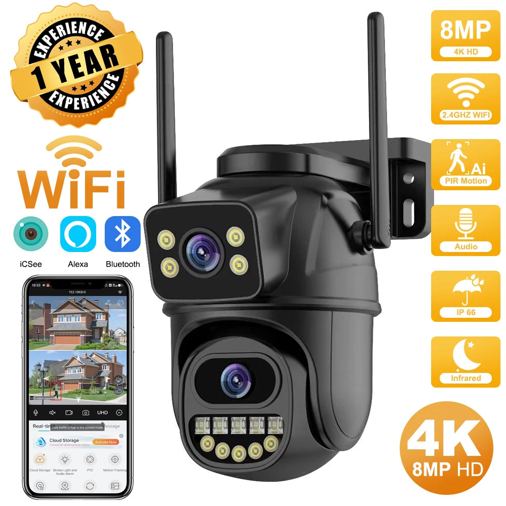 4K 8MP HD Outdoor PTZ Camera with Dual Lens and Dual Screen, AI Auto Tracking, IP CCTV Surveillance with Audio and Video, P2P Icsee Technology