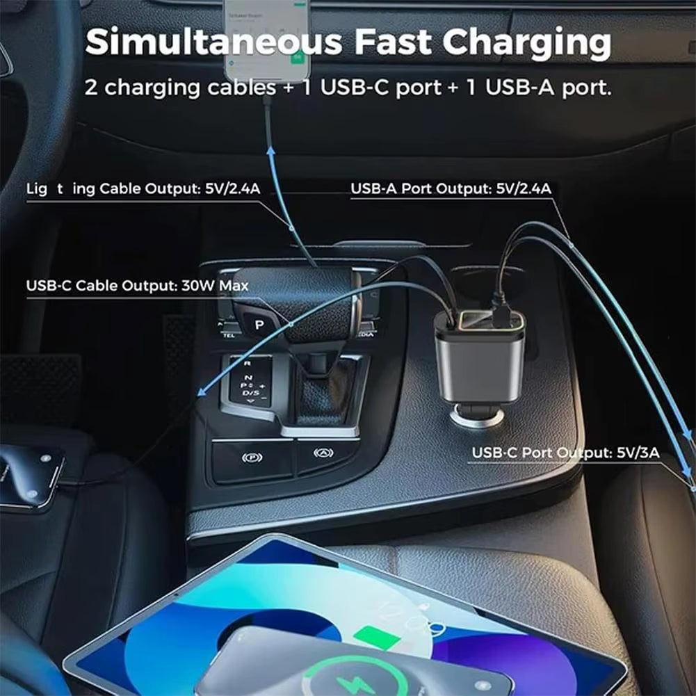 4-in-1 120W Retractable Car Charger with Starry Night Roof Light and Type C Fast Charging Adapter