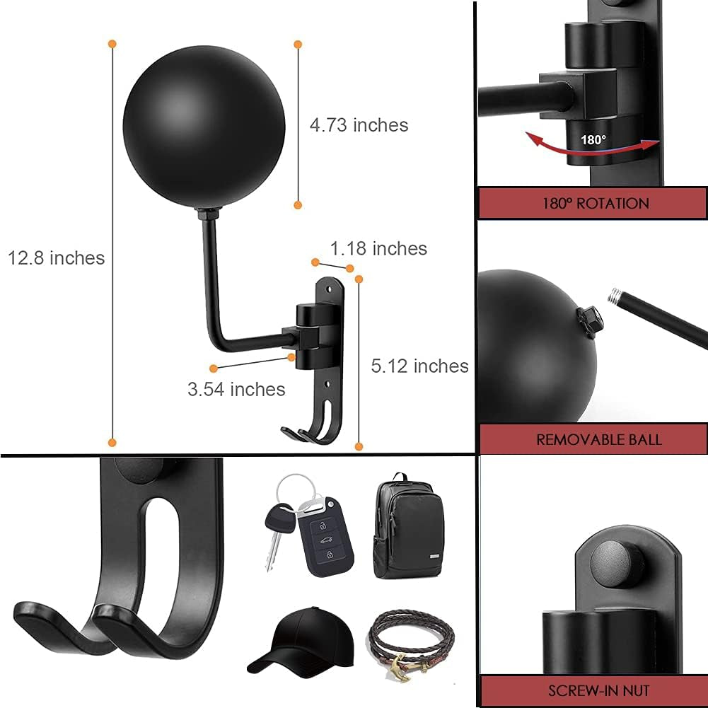 SANGMO 180°Motorcycle Helmet Rack, Rotation Metal Helmet Holder Wall Mounted Helmet Rack Motorcycle with 2 Hooks Helmet Hanger for Motorcycle Bike Coats, Caps, Baseballs, Rugby Helmet (1 Pcs)