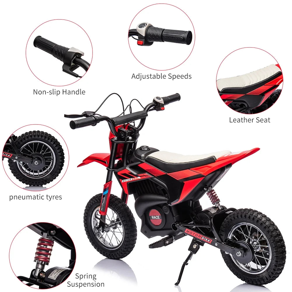 24V Kids Ride on Motorcycle,250W Motor 13.6MPH Fast Speed Electric Battery-Powered Off-Road Motocross,Leather Seat Dirt Bike,Grip Throttle,Metal Suspension,Air-Filled Tires