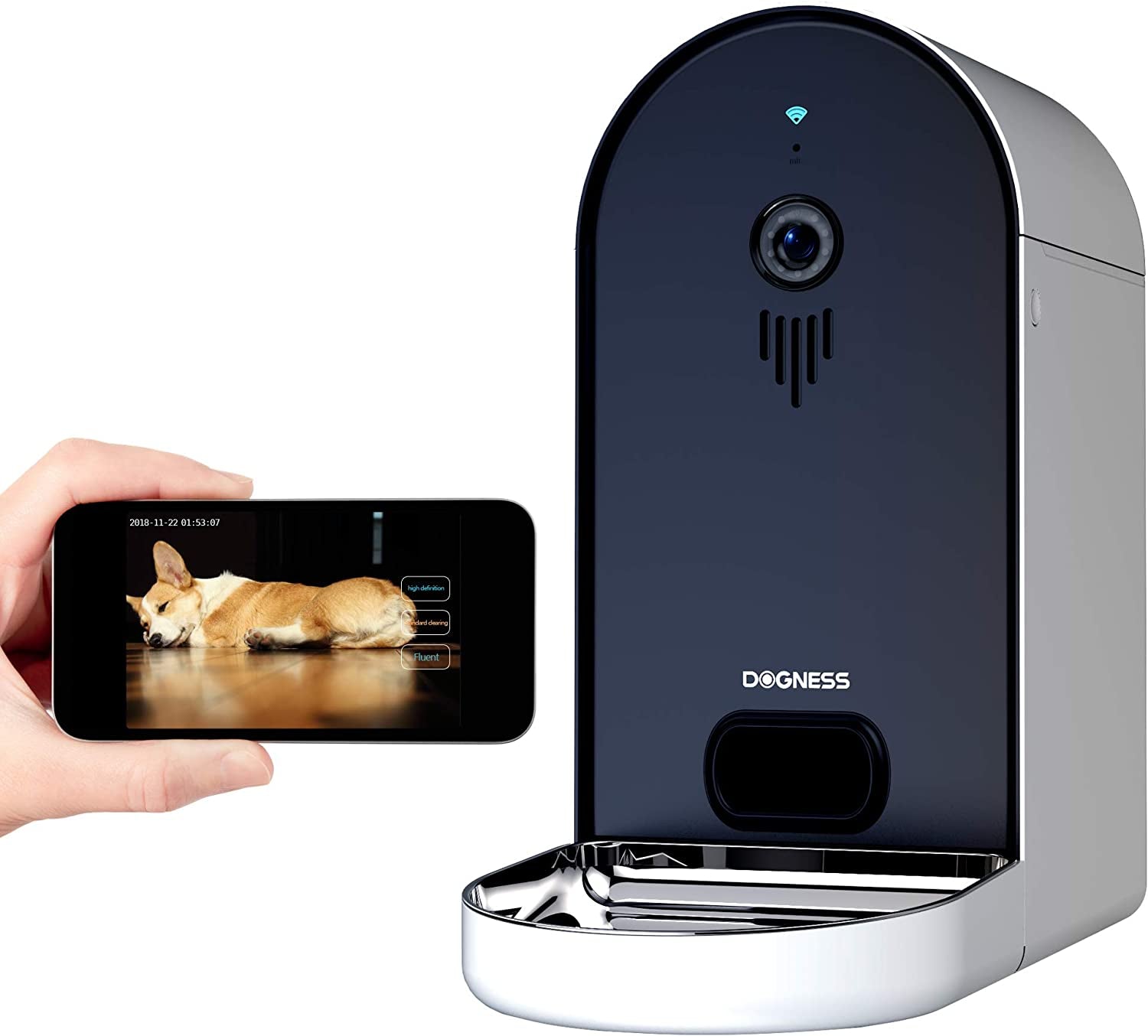 DOGNESS Automatic Wifi Dog/Cat Smart Camera Feeder - 6.5Lbs Large Capacity App Control Food Dispenser With, Portion Control, Voice Recording, Camera, Timer Programmable (Dark Blue - Update Version)