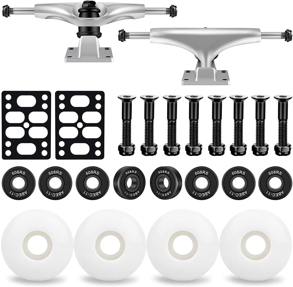 5.0 Skateboard Trucks Set, 52Mm Skateboard Wheels, ABEC-11 Skateboard Bearings, 6Mm Rubber Skateboard Riser Pads, Skateboard Hardware 1" (White Truck & White Wheel)