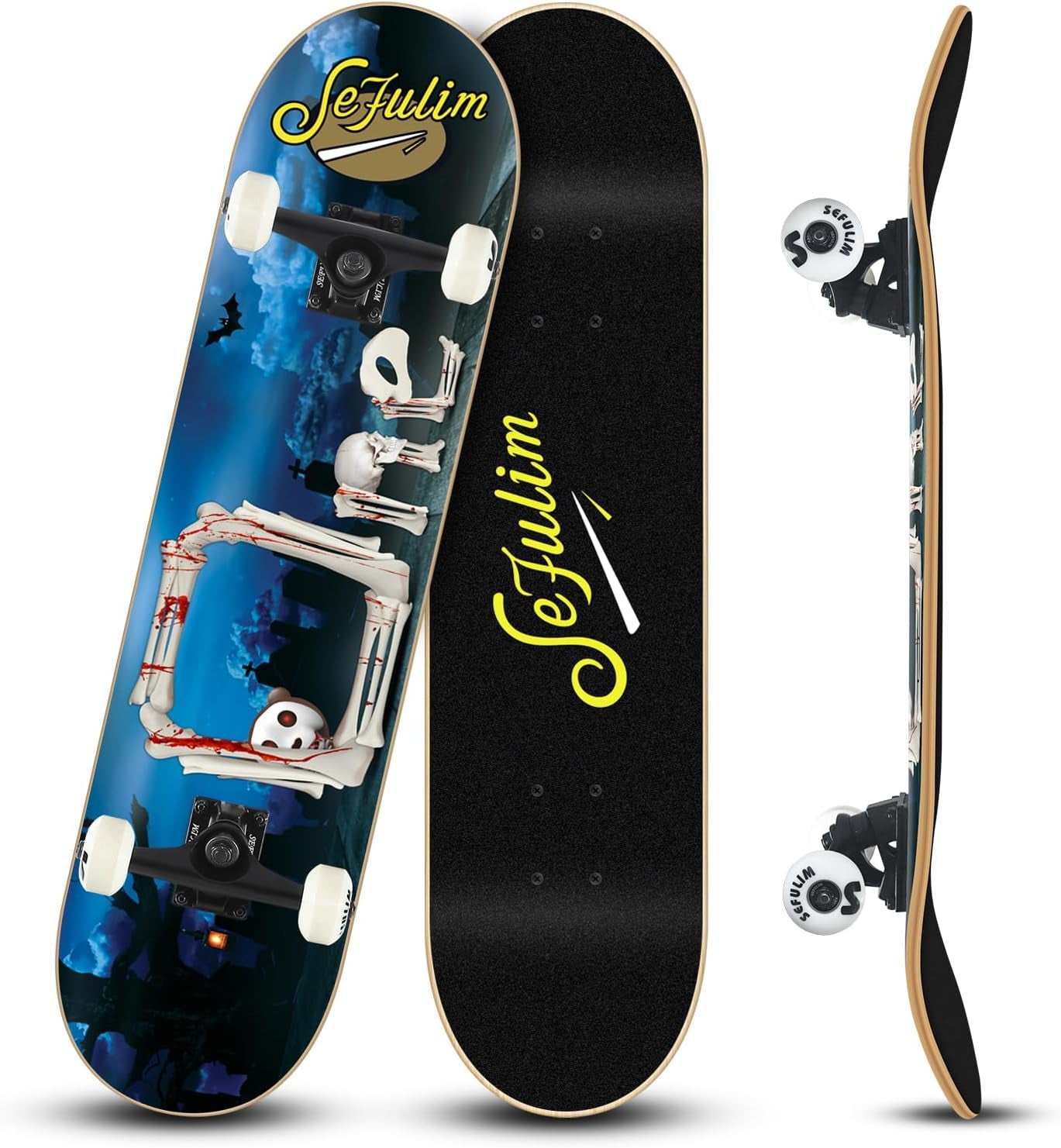 Sefulim 31 X 8 Inch Complete Skateboard 7 Layer Canadian Maple Double Kick Deck Concave Cruiser Trick Skateboard for Boys Girls Teens Adults Beginner ﻿