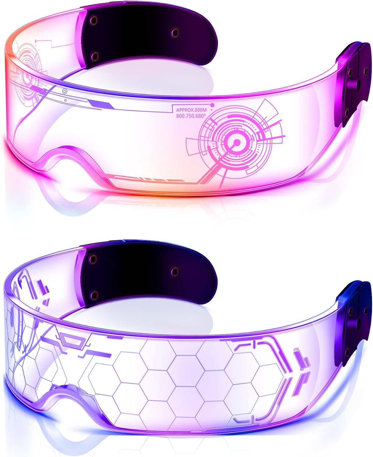 TOODOO 2 Pairs LED Visor Glasses 7 Colors Futuristic Glasses Light up Punk Accessories for Rave Party Costume