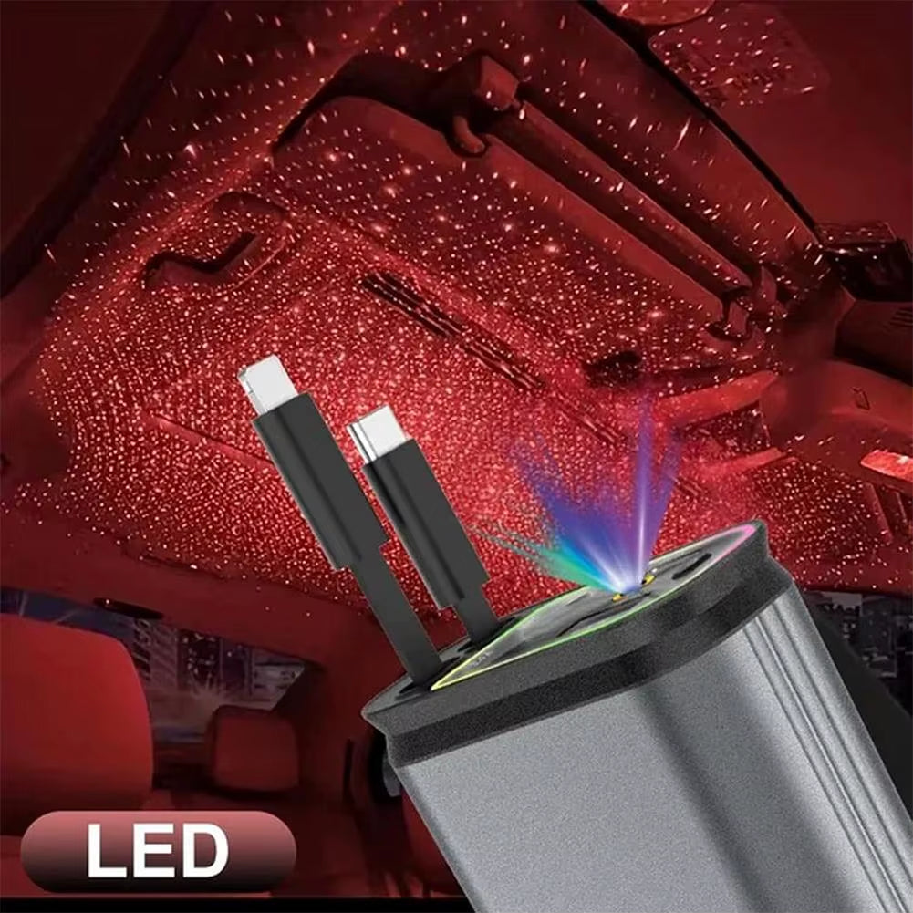 4-in-1 120W Retractable Car Charger with Starry Night Roof Light and Type C Fast Charging Adapter