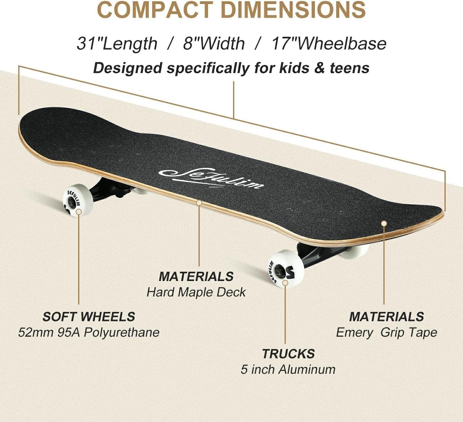 Sefulim 31 X 8 Inch Complete Skateboard 7 Layer Canadian Maple Double Kick Deck Concave Cruiser Trick Skateboard for Boys Girls Teens Adults Beginner ﻿