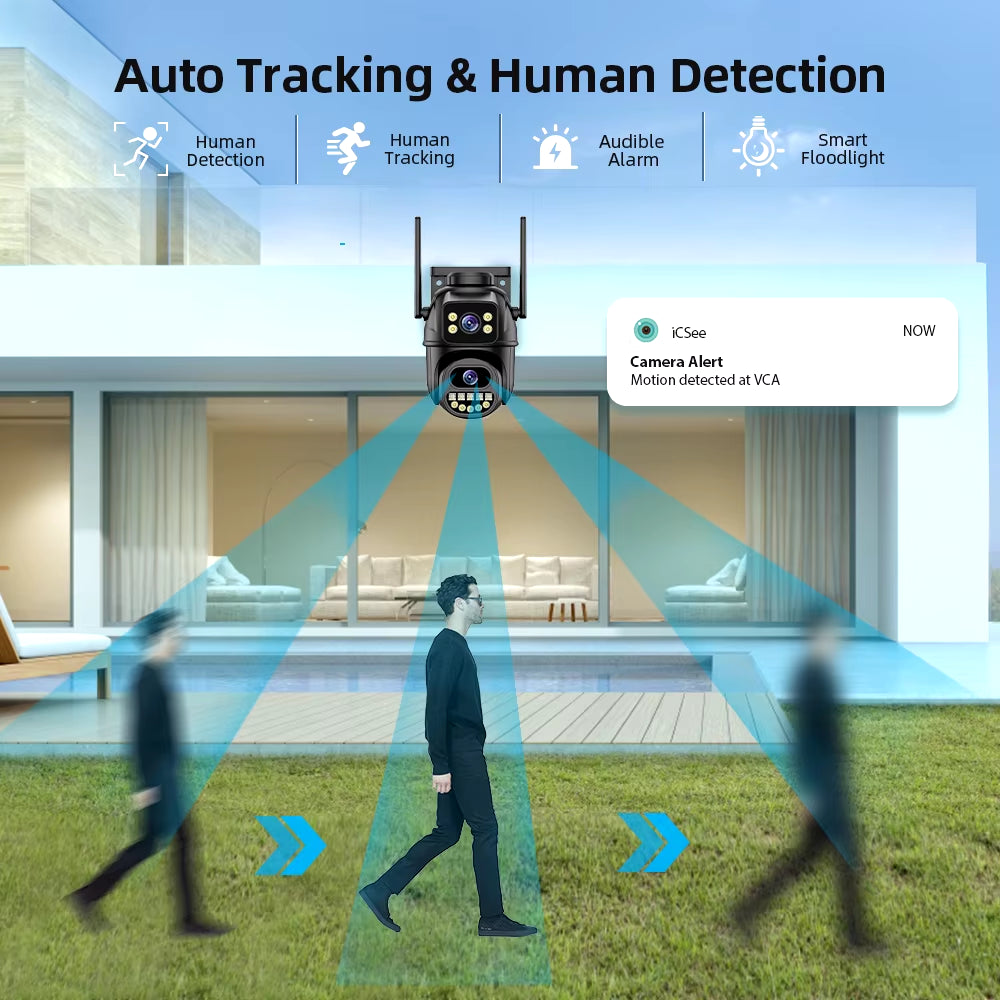 4K 8MP HD Outdoor PTZ Camera with Dual Lens and Dual Screen, AI Auto Tracking, IP CCTV Surveillance with Audio and Video, P2P Icsee Technology