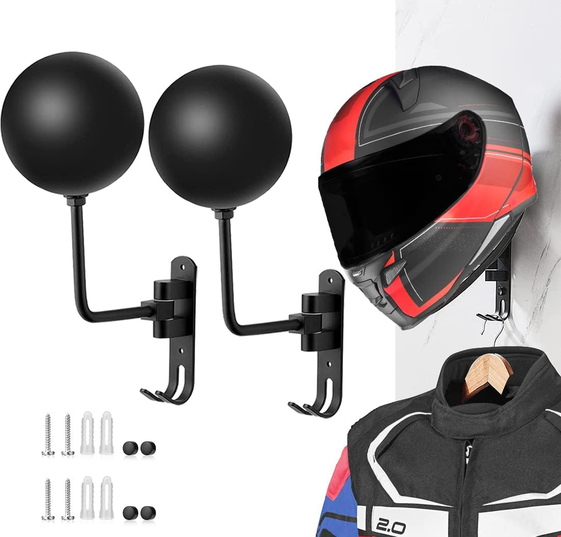 SANGMO 180°Motorcycle Helmet Rack, Rotation Metal Helmet Holder Wall Mounted Helmet Rack Motorcycle with 2 Hooks Helmet Hanger for Motorcycle Bike Coats, Caps, Baseballs, Rugby Helmet (1 Pcs)