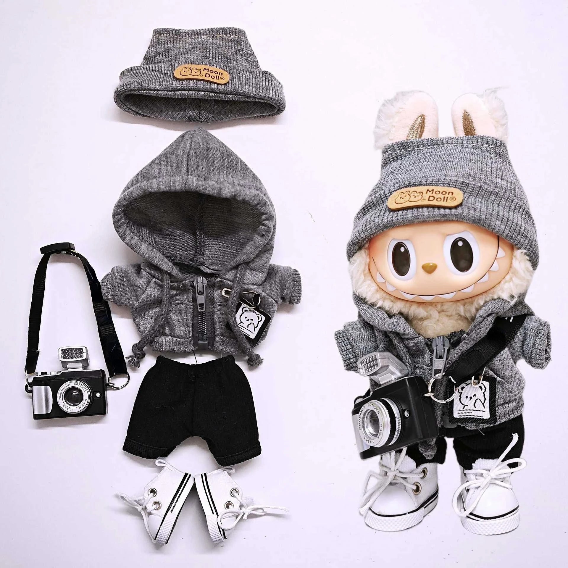 15Cm/17Cm Labubu Universal Hoodie Set Gray Trendy Outfit with Camera Glasses Headphones & Canvas Shoes Series 1-3 Compatible