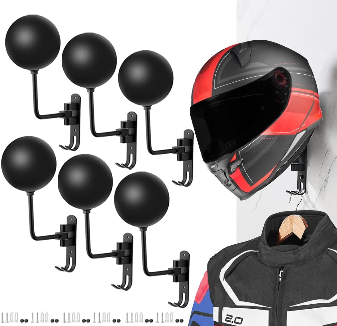 SANGMO 180°Motorcycle Helmet Rack, Rotation Metal Helmet Holder Wall Mounted Helmet Rack Motorcycle with 2 Hooks Helmet Hanger for Motorcycle Bike Coats, Caps, Baseballs, Rugby Helmet (1 Pcs)