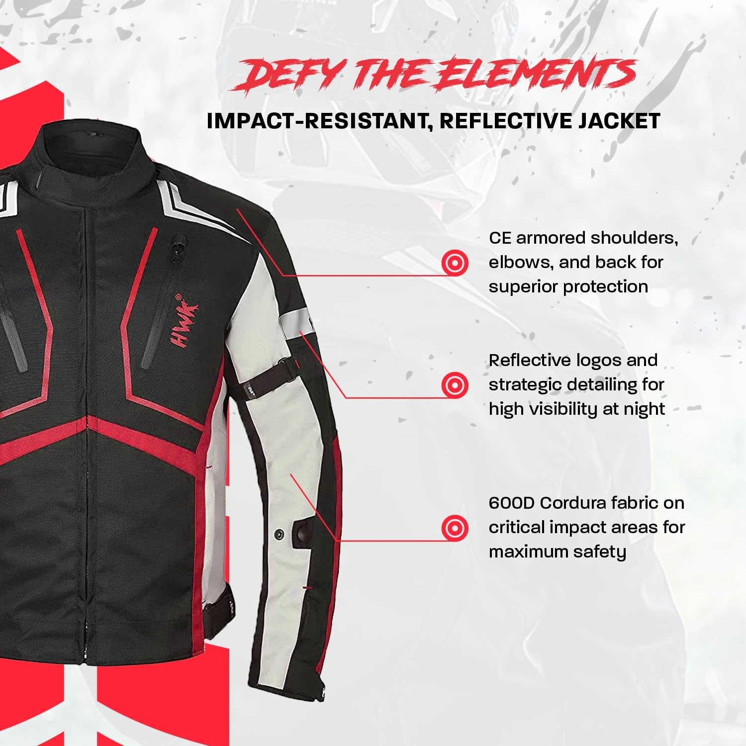 HWK Scorpion Motorcycle Jacket for Men & Women, Motor Bike Jacket and Motorcycle Gear with Body Armor Foam Padding & Breathable Cordura Fabric, Reflective Jacket for Night Visibility - Red, Medium