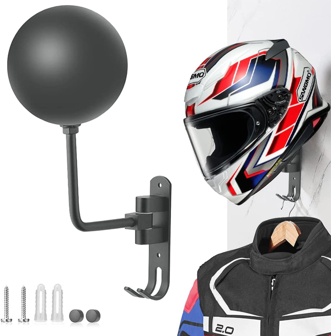 SANGMO 180°Motorcycle Helmet Rack, Rotation Metal Helmet Holder Wall Mounted Helmet Rack Motorcycle with 2 Hooks Helmet Hanger for Motorcycle Bike Coats, Caps, Baseballs, Rugby Helmet (1 Pcs)