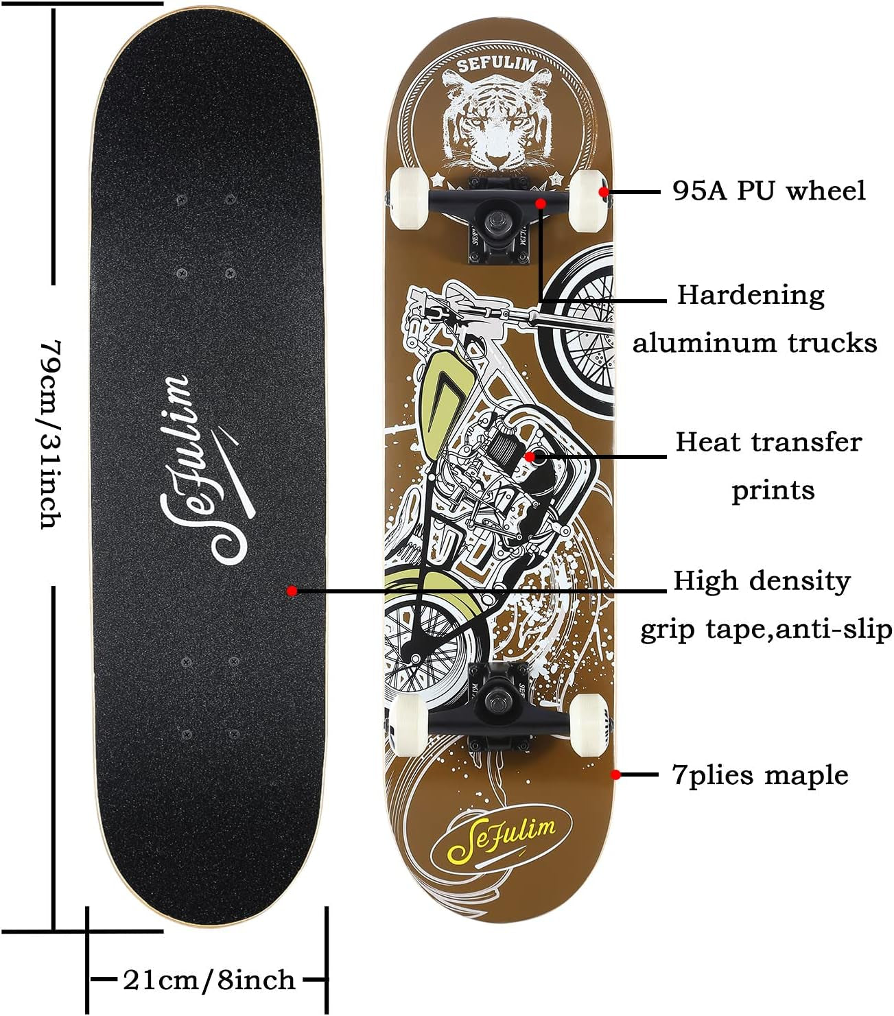 Sefulim 31 X 8 Inch Complete Skateboard 7 Layer Canadian Maple Double Kick Deck Concave Cruiser Trick Skateboard for Boys Girls Teens Adults Beginner ﻿