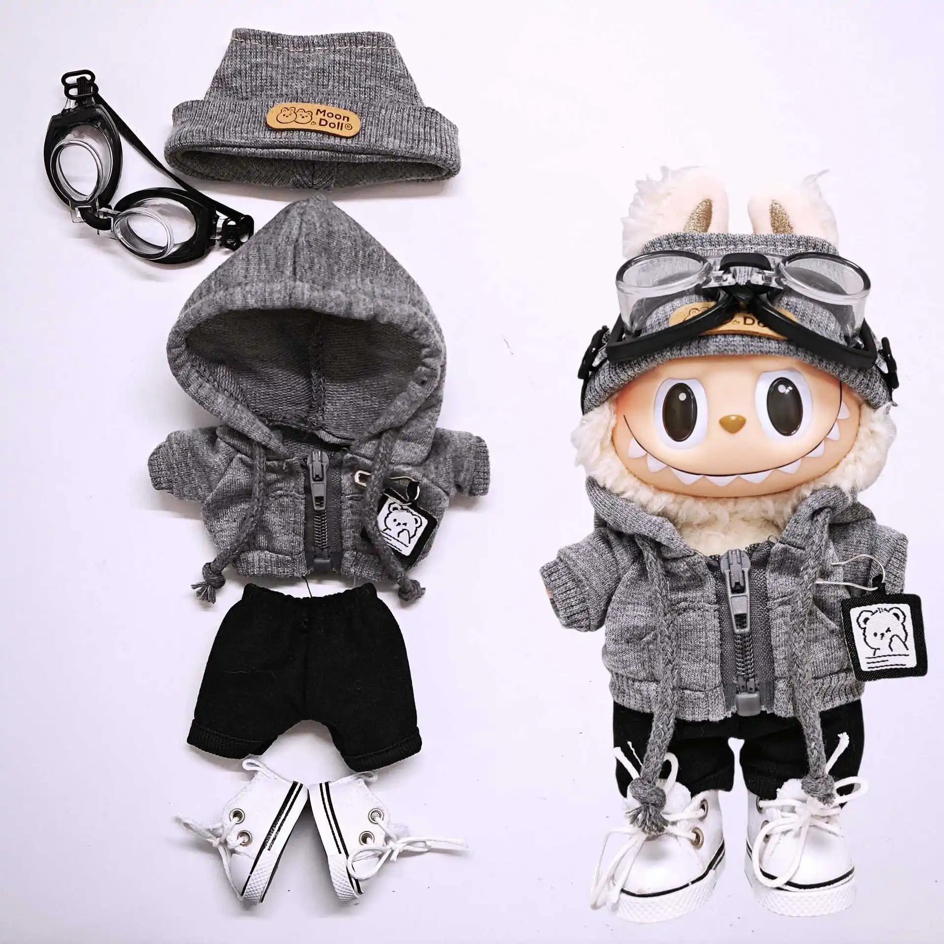 15Cm/17Cm Labubu Universal Hoodie Set Gray Trendy Outfit with Camera Glasses Headphones & Canvas Shoes Series 1-3 Compatible
