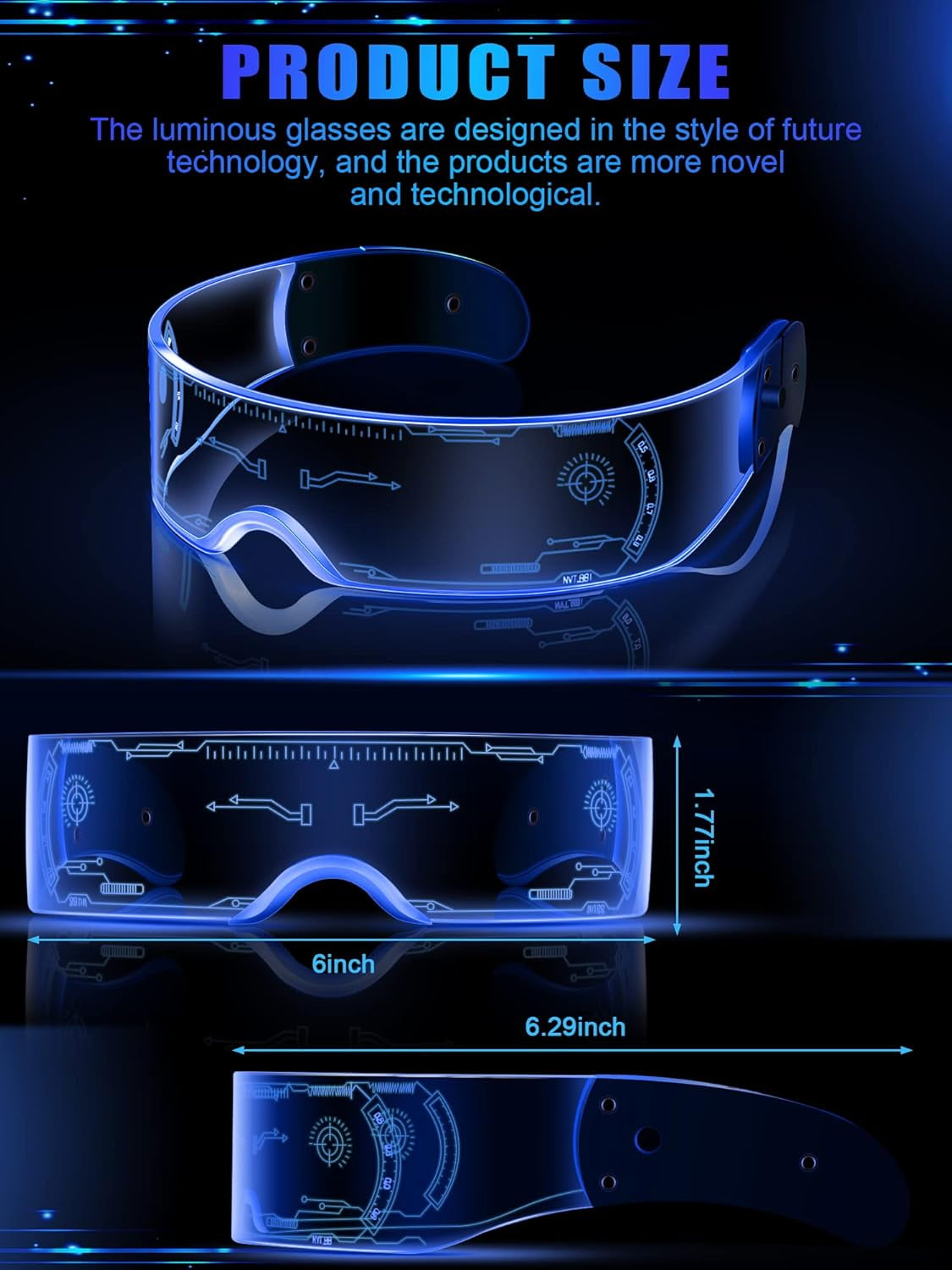 TOODOO 2 Pairs LED Visor Glasses 7 Colors Futuristic Glasses Light up Punk Accessories for Rave Party Costume