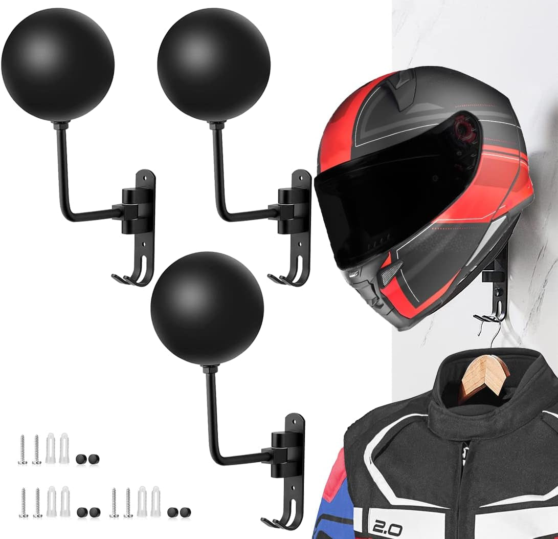 SANGMO 180°Motorcycle Helmet Rack, Rotation Metal Helmet Holder Wall Mounted Helmet Rack Motorcycle with 2 Hooks Helmet Hanger for Motorcycle Bike Coats, Caps, Baseballs, Rugby Helmet (1 Pcs)