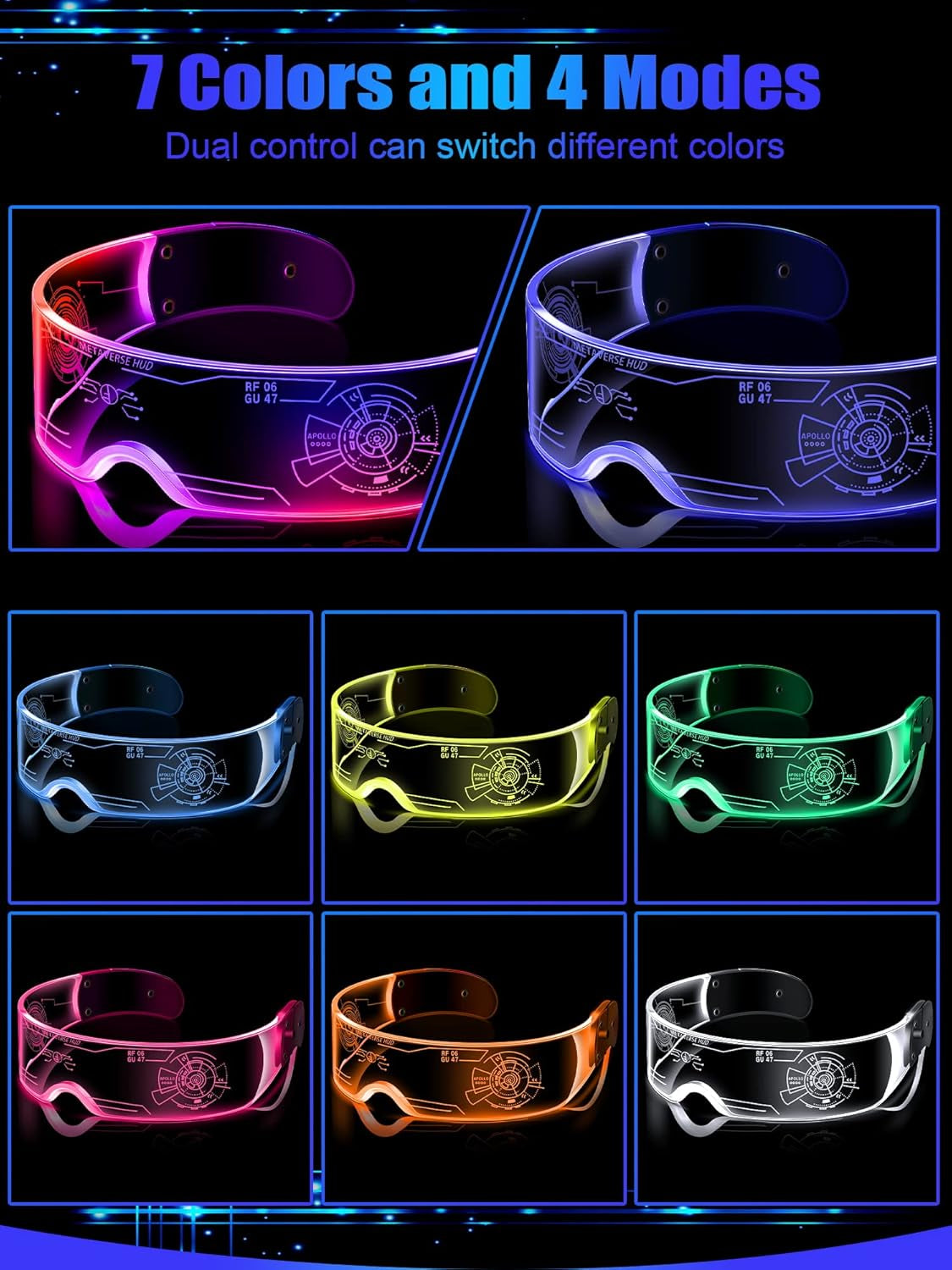 TOODOO 2 Pairs LED Visor Glasses 7 Colors Futuristic Glasses Light up Punk Accessories for Rave Party Costume