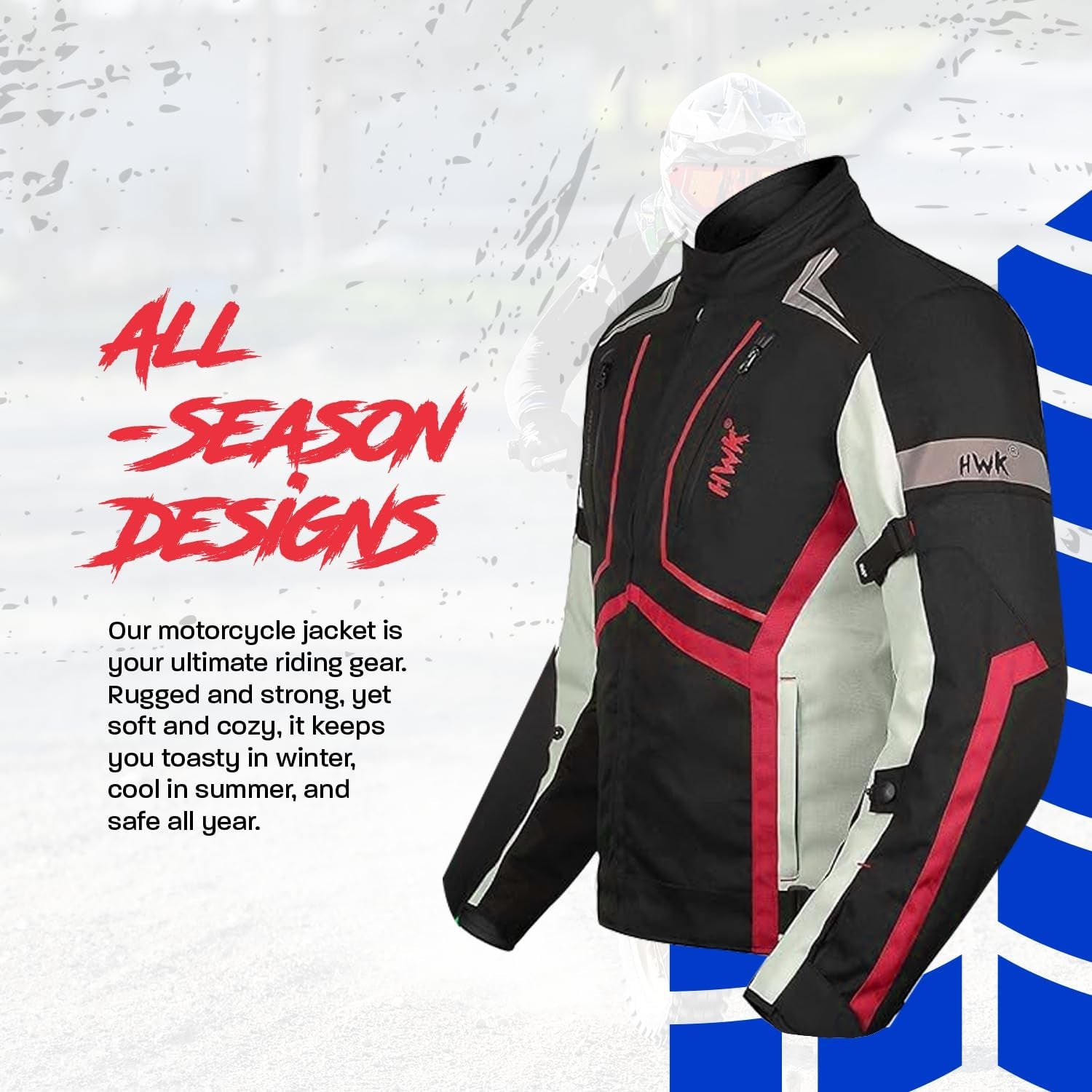 HWK Scorpion Motorcycle Jacket for Men & Women, Motor Bike Jacket and Motorcycle Gear with Body Armor Foam Padding & Breathable Cordura Fabric, Reflective Jacket for Night Visibility - Red, Medium