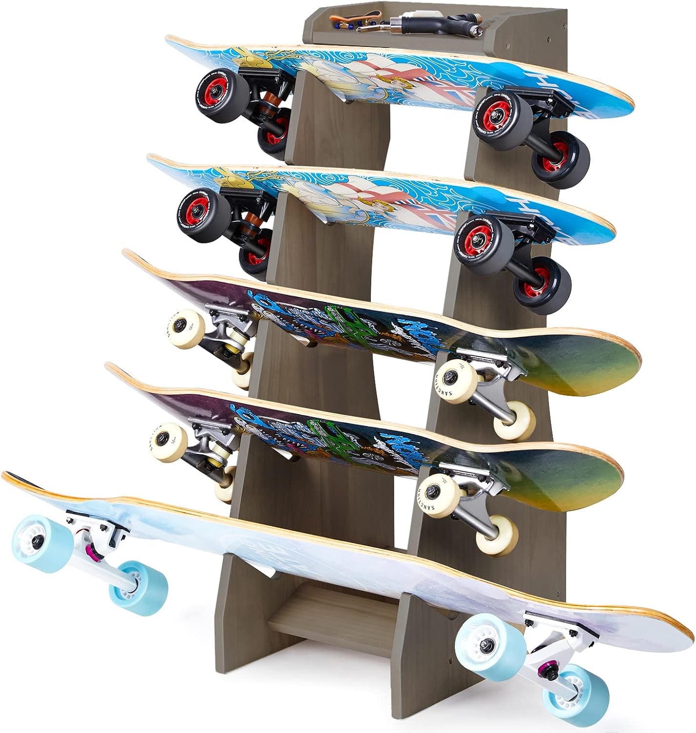 Skateboard Racks Floor Stand, Five-Layer Skateboard Holder,Skateboard Storage Racks for Deck, Longboard, Standard Skateboards, Mini Cruiser Skateboard (Needn'T to Punch Holes to Damage Wall)