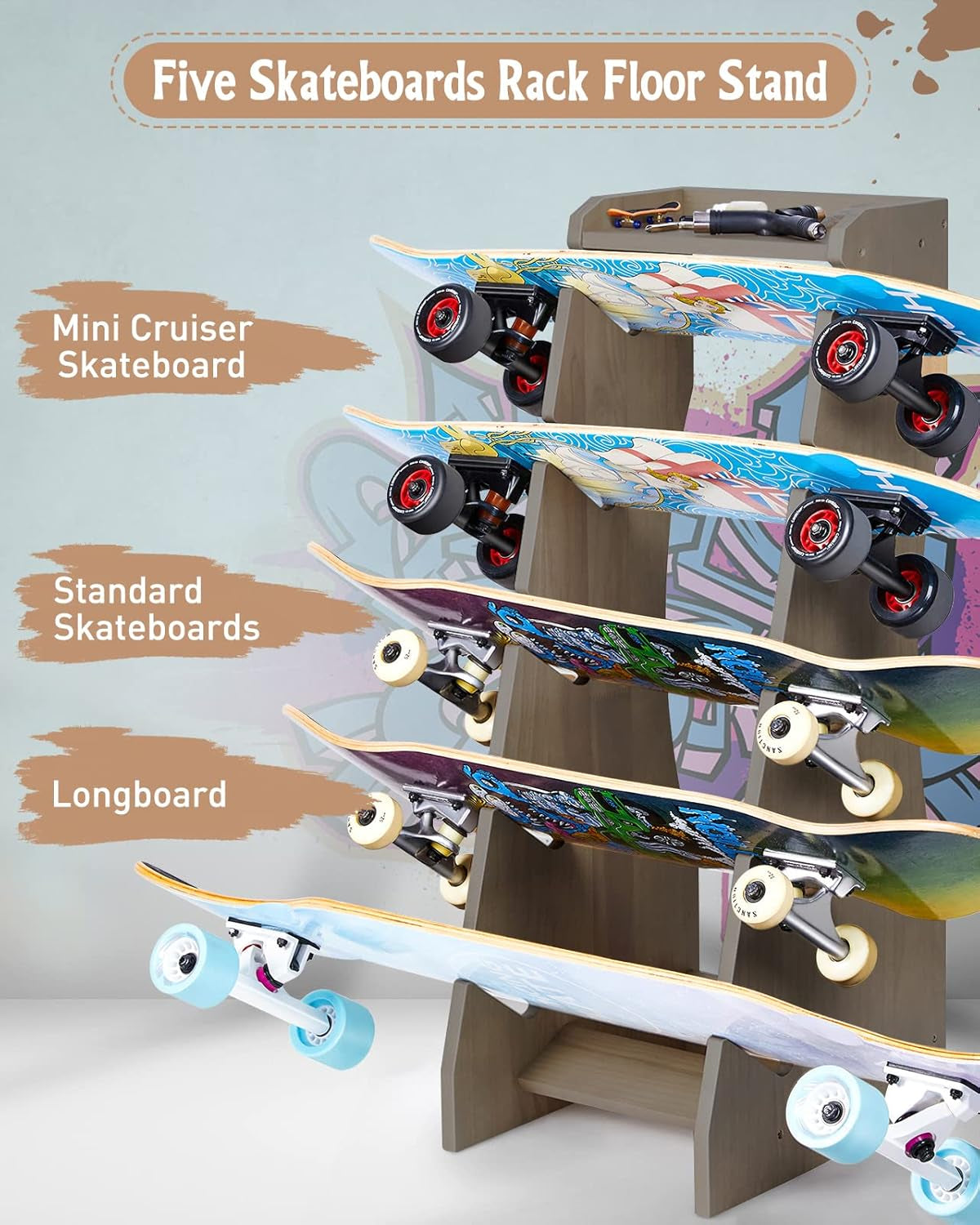 Skateboard Racks Floor Stand, Five-Layer Skateboard Holder,Skateboard Storage Racks for Deck, Longboard, Standard Skateboards, Mini Cruiser Skateboard (Needn'T to Punch Holes to Damage Wall)